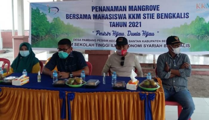 Cegah Abrasi, Mahasiswa KKM STIE Syariah Bengkalis dan Dosen Tanam Pohon Mangrove di Pantai Madani